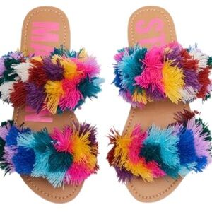 NWOT Steve Madden Multicolor Fuzzy Pom Pom Sandals Size 8